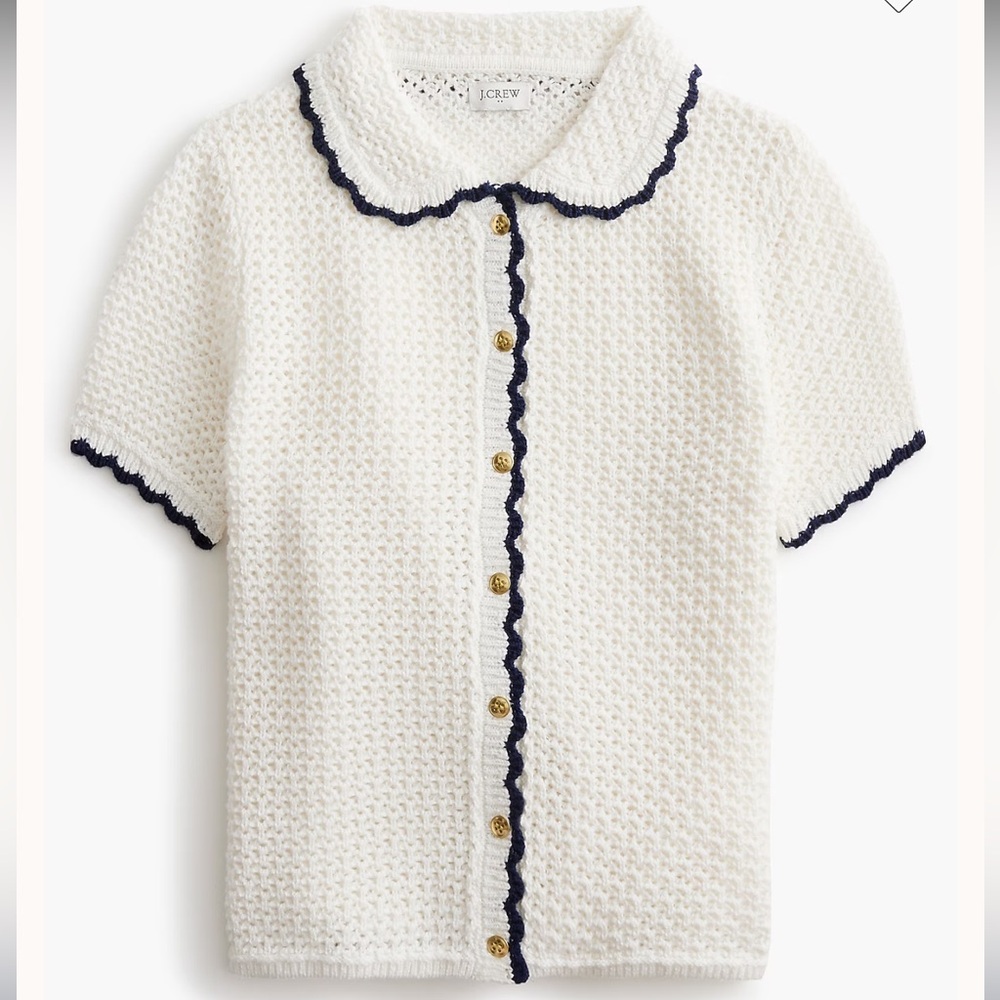 J.Crew Short Sleeve Crochet Cardigan White/Blue Size Small